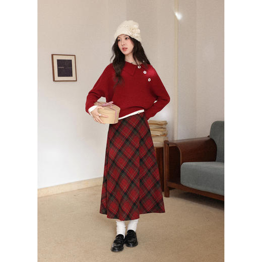 鹿向南「心动降临」酒红色针织毛衣上衣女秋冬格纹高腰半身裙套装 商品图4