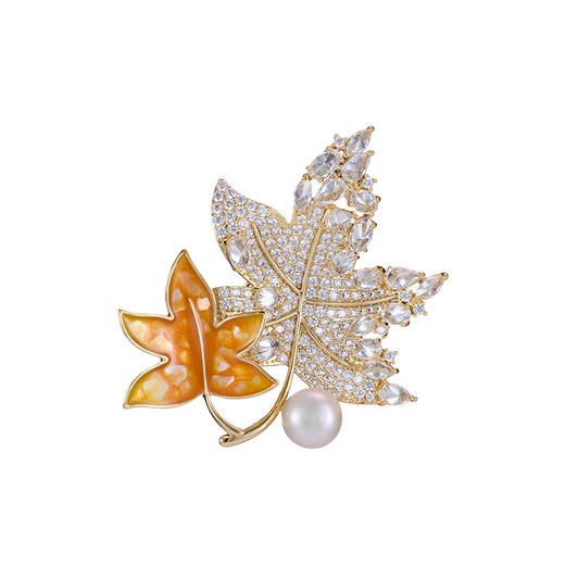 璀璨天然珍珠气质枫叶国风胸针，锆石植物树叶大衣别针配饰LY-M-009 商品图3