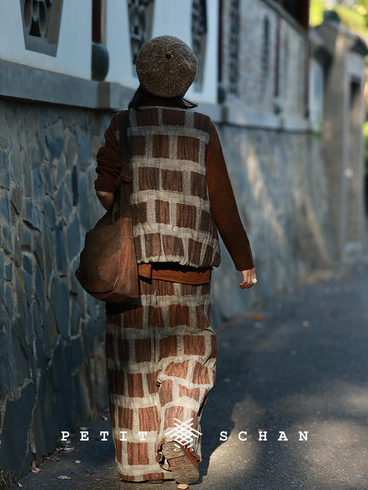 PETIT SCHAN小闪 CLO#975 Courtyard 庭院 棉亚麻格纹骆驼绒禅意马甲背心 商品图5