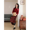 鹿向南「心动降临」酒红色针织毛衣上衣女秋冬格纹高腰半身裙套装 商品缩略图2