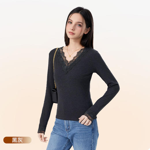「自」全新升级【铂金会员146/天猫189/差价43】(01539)洛诗琳蕾丝V领抗菌打底衫2025秋冬修身德绒发热保暖上衣女 商品图4