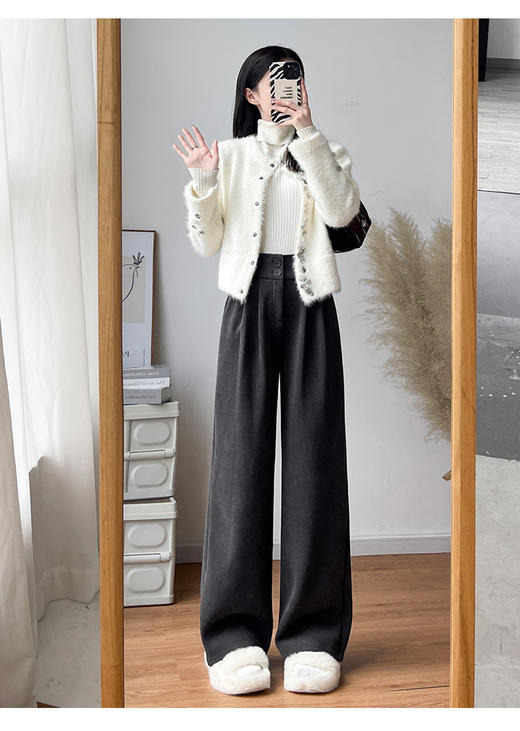 升级款欧棉绒阔腿裤雪尼尔休闲阔腿裤女秋冬季加绒加厚2025新款直筒西装小个子灯芯绒裤子个子加长休闲裤 商品图12