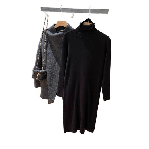 纸片人连衣裙！2025双领型28支抗起球显瘦坑条长袖针织裙女冬款！ 商品图4