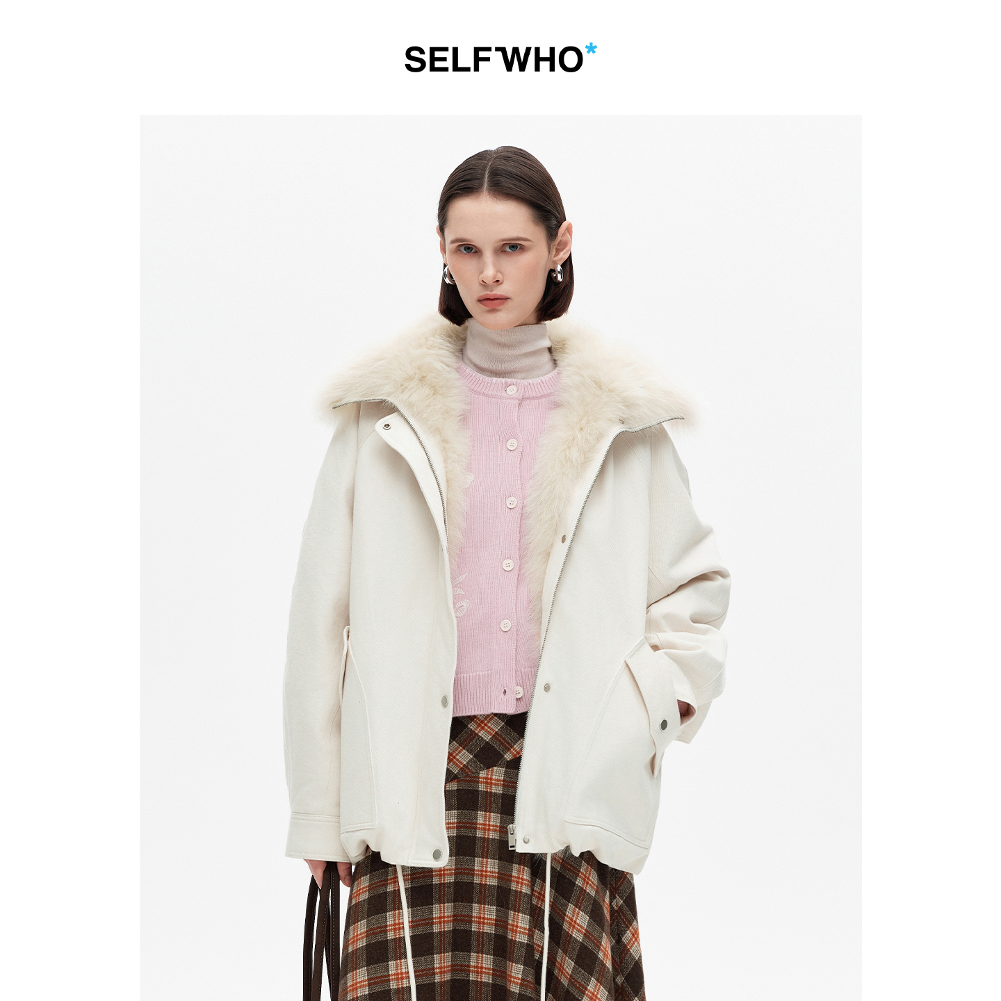 SELFWHO90白鸭绒狐狸毛翻领白色牛仔羽绒服女2025冬新款宽松外套