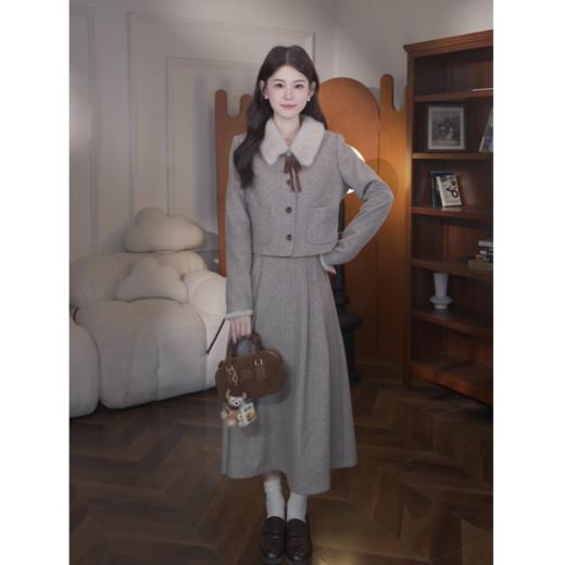 鹿向南「冬日来信」复古气质毛绒翻领短外套半身裙新款套装女秋冬 商品图0