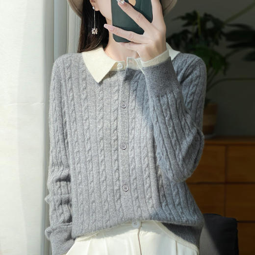 丁摩 100%纯羊毛秋冬新款女POLO领小麻花短款拼色针织开衫打底外套上衣5ZF-309 商品图1