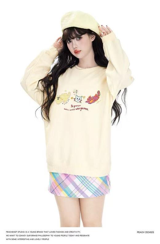 🔥🔥【潮牌卫衣】圆领牛奶绒～日系格子猫咪印花加绒牛奶绒卫衣-喜出 商品图2