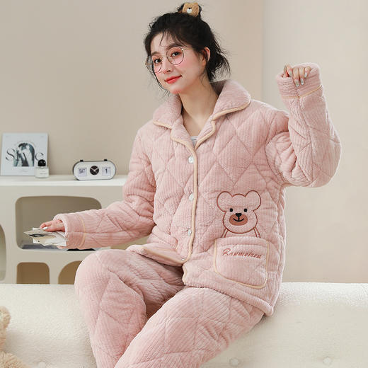 丁摩 【暖绒绒】珊瑚绒睡衣女秋冬季可外穿加绒加厚保暖三层夹棉家5ZF-LM002 商品图1
