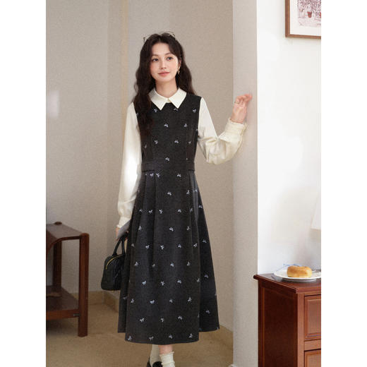 鹿向南「雾灰蝶语」灰色假两件拼接设计感连衣裙女秋冬气质长裙子 商品图2