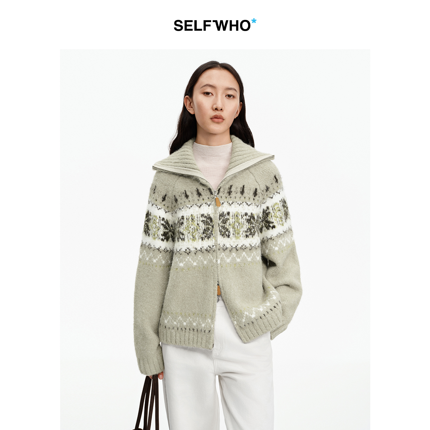 [姜妍同款]SELFWHO绵羊毛混纺费尔岛翻领针织开衫女冬季新款毛衣