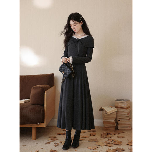 鹿向南「雾屿静语」黑色设计感长袖连衣裙女秋冬新款叠穿气质长裙 商品图1