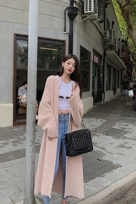 LNNNS 知性优雅粉色中长款针织开衫 21399