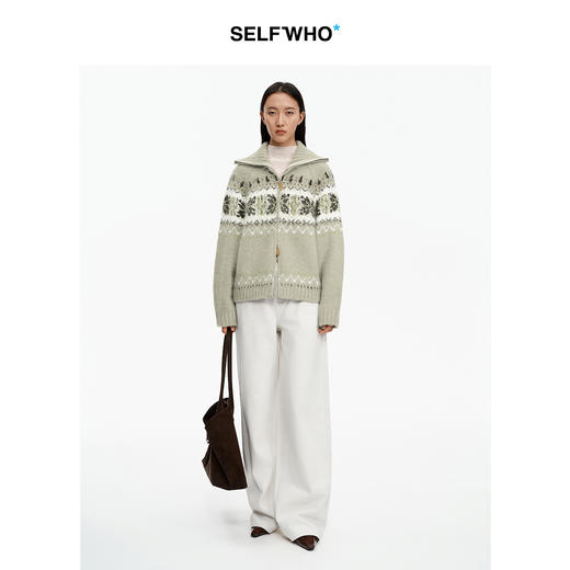 [姜妍同款]SELFWHO绵羊毛混纺费尔岛翻领针织开衫女冬季新款毛衣 商品图4