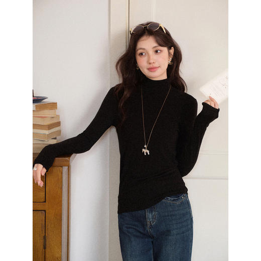 鹿向南「京都墨章」黑色打底衫长袖T恤女秋新款纯色简约修身上衣 商品图1