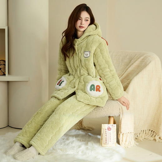 雀说 【超厚加绒】三层夹棉珊瑚绒休闲连帽家居服套装 商品图1