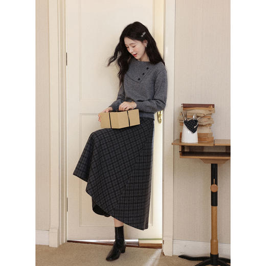 鹿向南「旧意柔褶」复古慵懒风格纹半身裙女2025秋冬中长款A字裙 商品图2