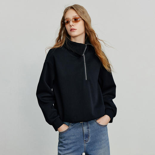 初语 2025新款卫衣女 不对称拉链大翻领长袖时髦拼接设计感潮酷上衣 商品图2
