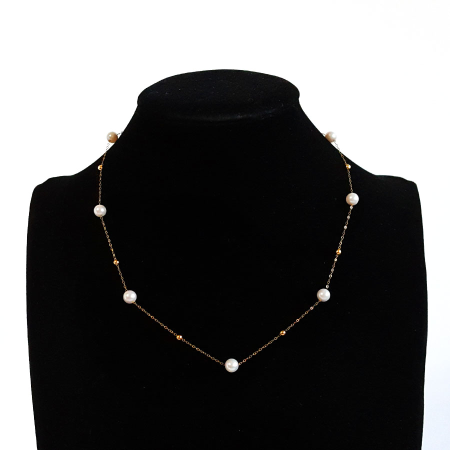 【天然正品】AU750玫瑰金镶天然近圆约6.3MM AKOYA海水珍珠满天星项链191125TJ02 特价