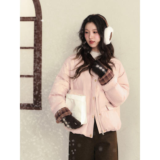 鹿向南「奶芙粉咖」撞色翻领粉色90鸭绒羽绒服女冬季减龄保暖外套 商品图2