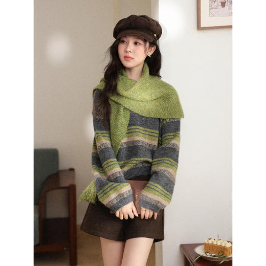 鹿向南「青纹绿围」慵懒风条纹绿色毛衣女秋冬别致独特针织衫上衣 商品图2