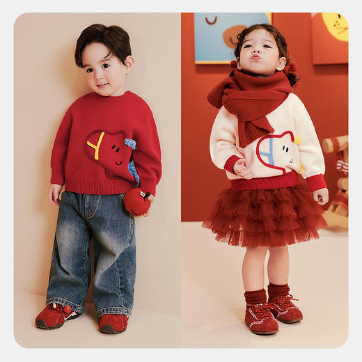 迷你巴拉巴拉男女童宝宝毛衣羊毛混纺2025冬柔软新年氛围萌趣上衣 商品图2