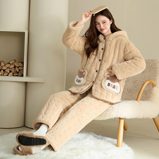 雀说 【超厚加绒】三层夹棉珊瑚绒休闲连帽家居服套装 商品图0