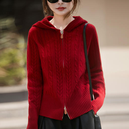 丁摩 老钱风连帽双拉链100%纯羊毛针织开衫JJ-156 商品图0