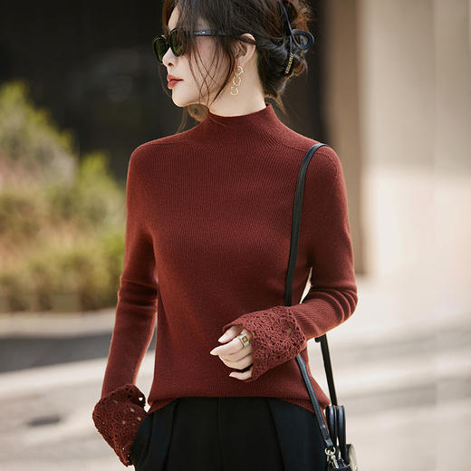 丁摩 钩花紧身高弹100%纯羊毛衫女修身毛衣BT-6826 商品图3