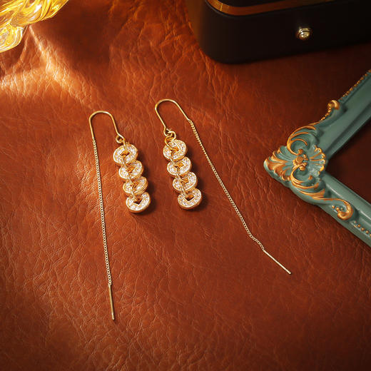 雀说 中国风五帝钱锆石耳环招财气质长款流苏耳饰E810604 商品图2