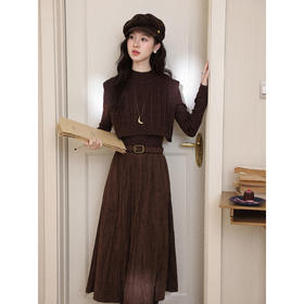 鹿向南「暖衣栖梦」深咖色拼接梭织连衣裙秋冬季中长款披肩裙子女