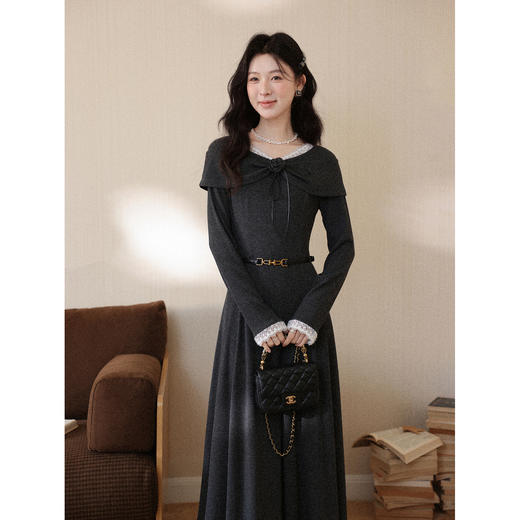 鹿向南「雾屿静语」黑色设计感长袖连衣裙女秋冬新款叠穿气质长裙 商品图2