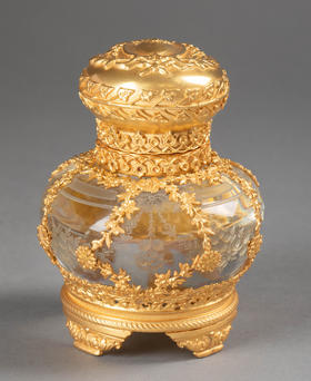 独角鹿西洋古董19世纪法国出品繁花卷叶主题铜鎏金精雕装饰蚀刻水晶墨水瓶