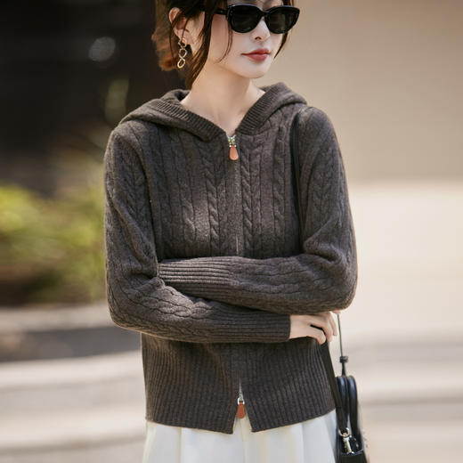 丁摩 老钱风连帽双拉链100%纯羊毛针织开衫JJ-156 商品图1