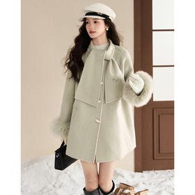 鹿向南「瑾荷」高级感绿色双面毛呢外套女冬季巨好看短款气质大衣