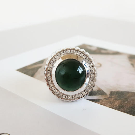 【天然正品】AU750收藏级白金镶钻镶天然细腻老坑油青冰种蛋面翡翠宽版戒指141125AH39 商品图5