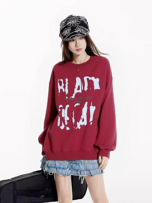 🔥🔥【潮牌卫衣】圆领牛奶绒～枣红字母宽松加绒卫衣-喜出 商品图0