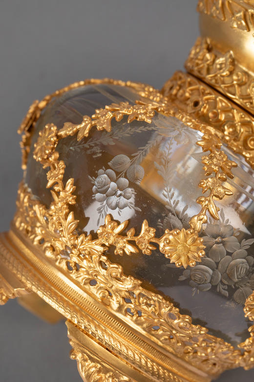 独角鹿西洋古董19世纪法国出品繁花卷叶主题铜鎏金精雕装饰蚀刻水晶墨水瓶 商品图6