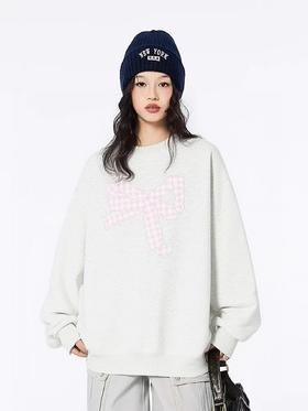 🔥🔥【潮牌卫衣】圆领牛奶绒～格子粉蝴蝶结宽松加绒卫衣-喜出