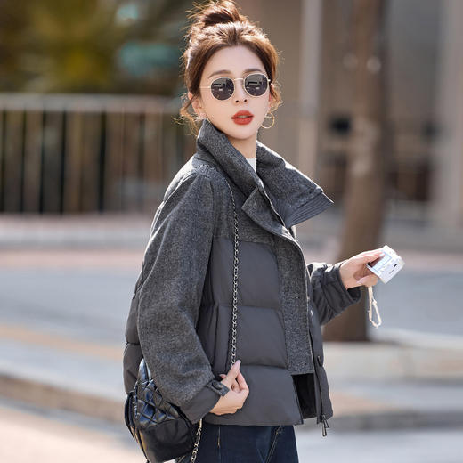 休闲时尚立领羽绒服，爆款毛呢拼接高端洋气外套HR-ZYF8896 商品图1