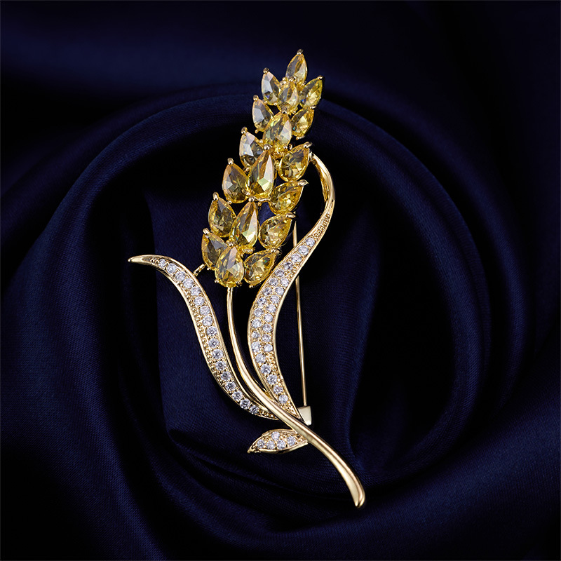 金色锆石镶嵌稻穗小麦胸针，高级感轻奢西装气质复古大衣服饰配件LY-E-102