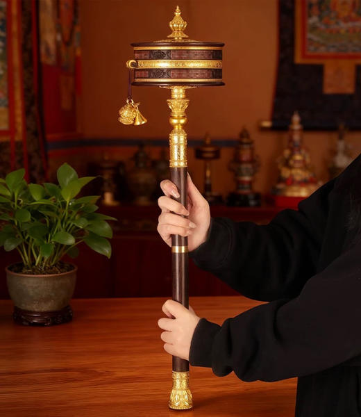亚青纯铜转经简手摇转金轮底座藏式檀木摆件超大号手持转金桶 商品图1