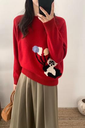 LNNNS 新年红趣味熊猫图案休闲羊毛毛衣 21882
