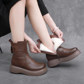 丁摩 秋冬新款大码羊毛短靴女厚底复古头层牛皮马丁靴女中筒软底5ZF-5318