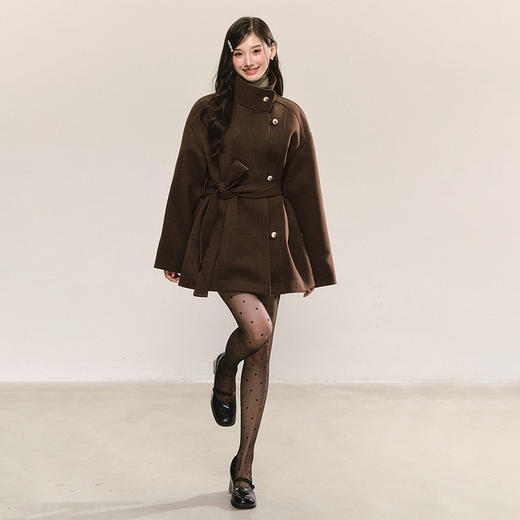西遇复古棕色立领毛呢外套女冬季新款系带收腰气质中长款大衣SS051915 商品图1