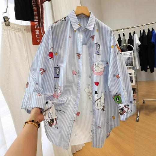 丁摩 春秋卡通印花韩系减龄宽松慵懒风条纹长袖衬衫女春季出游防晒上衣5ZF-3297 商品图1