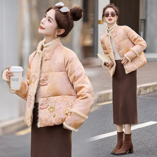 新中式重工刺绣，拼水貂毛羽绒服保暖外套HR-BBL5211 商品图1