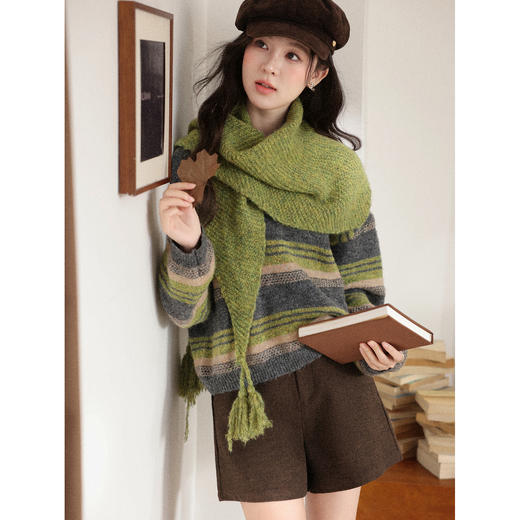 鹿向南「青纹绿围」慵懒风条纹绿色毛衣女秋冬别致独特针织衫上衣 商品图1