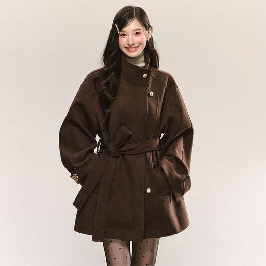 西遇复古棕色立领毛呢外套女冬季新款系带收腰气质中长款大衣SS051915 商品图4