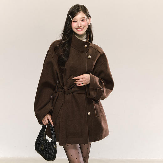 西遇复古棕色立领毛呢外套女冬季新款系带收腰气质中长款大衣SS051915 商品图0