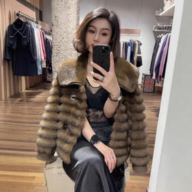 2025冬季时尚龙猫外套翻领新款仿獭兔毛短款毛毛横纹大衣